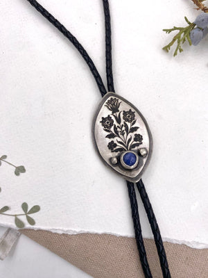 Blue Floral Bolo Tie - handcrafted Necklace in Sterling Silver by The Jewelry Shop, made in Arizona