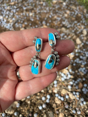 Blue Turquoise Double Drop Earrings - handcrafted Earrings in Sterling Silver by The Jewelry Shop, made in Arizona