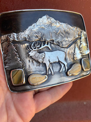 ‘Elk Bugle’ Belt Buckle - handcrafted Elk Ivory in Sterling Silver by The Jewelry Shop, made in Arizona