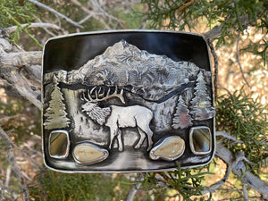 ‘Elk Bugle’ Belt Buckle - handcrafted Elk Ivory in Sterling Silver by The Jewelry Shop, made in Arizona