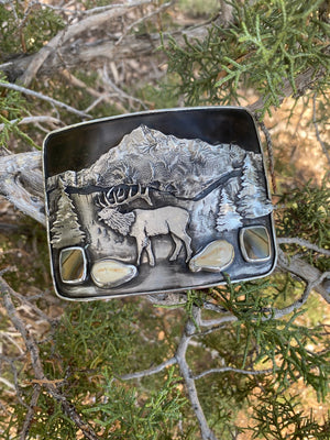 ‘Elk Bugle’ Belt Buckle - handcrafted Elk Ivory in Sterling Silver by The Jewelry Shop, made in Arizona