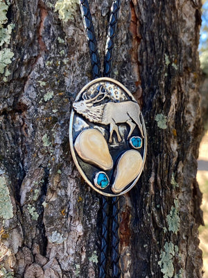 ‘Elk Bugle’ Custom Bolo Tie - handcrafted Elk Ivory in Sterling Silver by The Jewelry Shop, made in Arizona