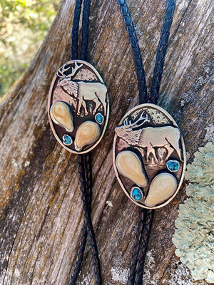 ‘Elk Bugle’ Custom Bolo Tie - handcrafted Elk Ivory in Sterling Silver by The Jewelry Shop, made in Arizona