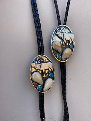 ‘Elk Bugle’ Custom Bolo Tie - handcrafted Elk Ivory in Sterling Silver by The Jewelry Shop, made in Arizona