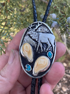 ‘Elk Bugle’ Custom Bolo Tie - handcrafted Elk Ivory in Sterling Silver by The Jewelry Shop, made in Arizona
