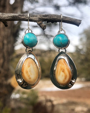 Elk Ivory and Turquoise Earrings - handcrafted Elk Ivory in Sterling Silver by The Jewelry Shop, made in Arizona