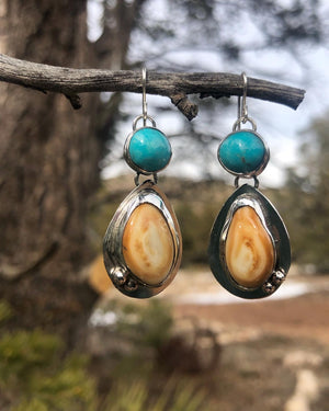 Elk Ivory and Turquoise Earrings - handcrafted Elk Ivory in Sterling Silver by The Jewelry Shop, made in Arizona