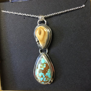 Elk Ivory and Turquoise Pendant - handcrafted Elk Ivory in Sterling Silver by The Jewelry Shop, made in Arizona