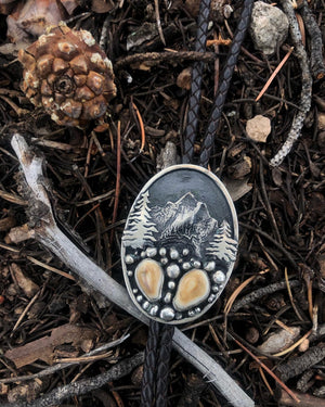 ‘Mountain Boulders’ Custom Bolo Tie - handcrafted Elk Ivory in Sterling Silver by The Jewelry Shop, made in Arizona