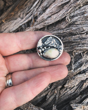 ‘Mountain Boulders’ Rifle Sling Buckle - handcrafted Elk Ivory in Sterling Silver by The Jewelry Shop, made in Arizona