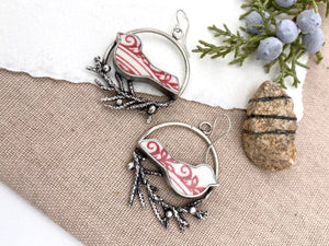 Red Lovebird Hoops - handcrafted Earrings in Sterling Silver by The Jewelry Shop, made in Arizona
