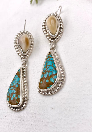 XL Elk Ivory and Turquoise Earrings - handcrafted Elk Ivory in Sterling Silver by The Jewelry Shop, made in Arizona