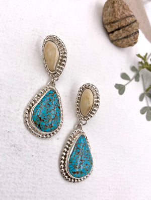 XL Elk Ivory and Turquoise Earrings - handcrafted Elk Ivory in Sterling Silver by The Jewelry Shop, made in Arizona
