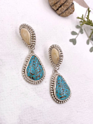 XL Elk Ivory and Turquoise Earrings - handcrafted Elk Ivory in Sterling Silver by The Jewelry Shop, made in Arizona