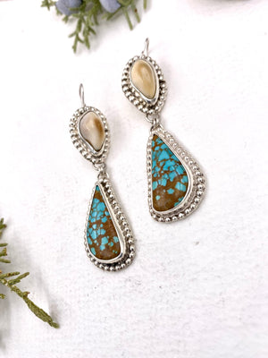 XL Elk Ivory and Turquoise Earrings - handcrafted Elk Ivory in Sterling Silver by The Jewelry Shop, made in Arizona