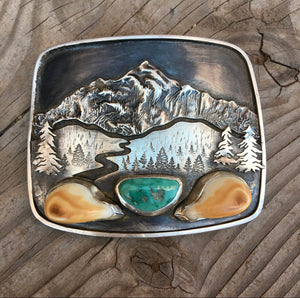 ‘Mountain Boulders’ Belt Buckle - handcrafted Elk Ivory in Sterling Silver by The Jewelry Shop, made in Arizona