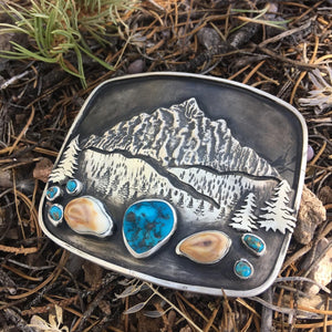 ‘Mountain Boulders’ Belt Buckle - handcrafted Elk Ivory in Sterling Silver by The Jewelry Shop, made in Arizona