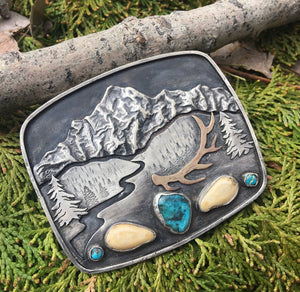 ‘Mountain Boulders’ Belt Buckle - handcrafted Elk Ivory in Sterling Silver by The Jewelry Shop, made in Arizona