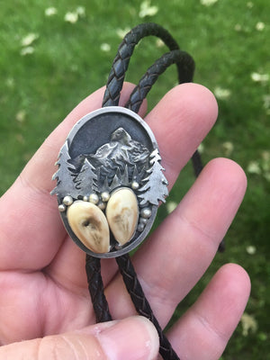 ‘Mountain Boulders’ Custom Bolo Tie - handcrafted Elk Ivory in Sterling Silver by The Jewelry Shop, made in Arizona