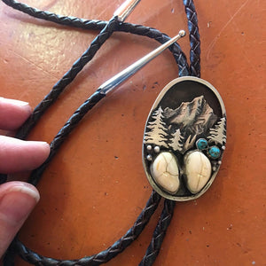 ‘Mountain Boulders’ Custom Bolo Tie - handcrafted Elk Ivory in Sterling Silver by The Jewelry Shop, made in Arizona